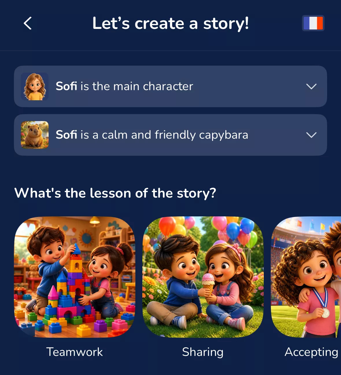 Story generation screen in Telmi